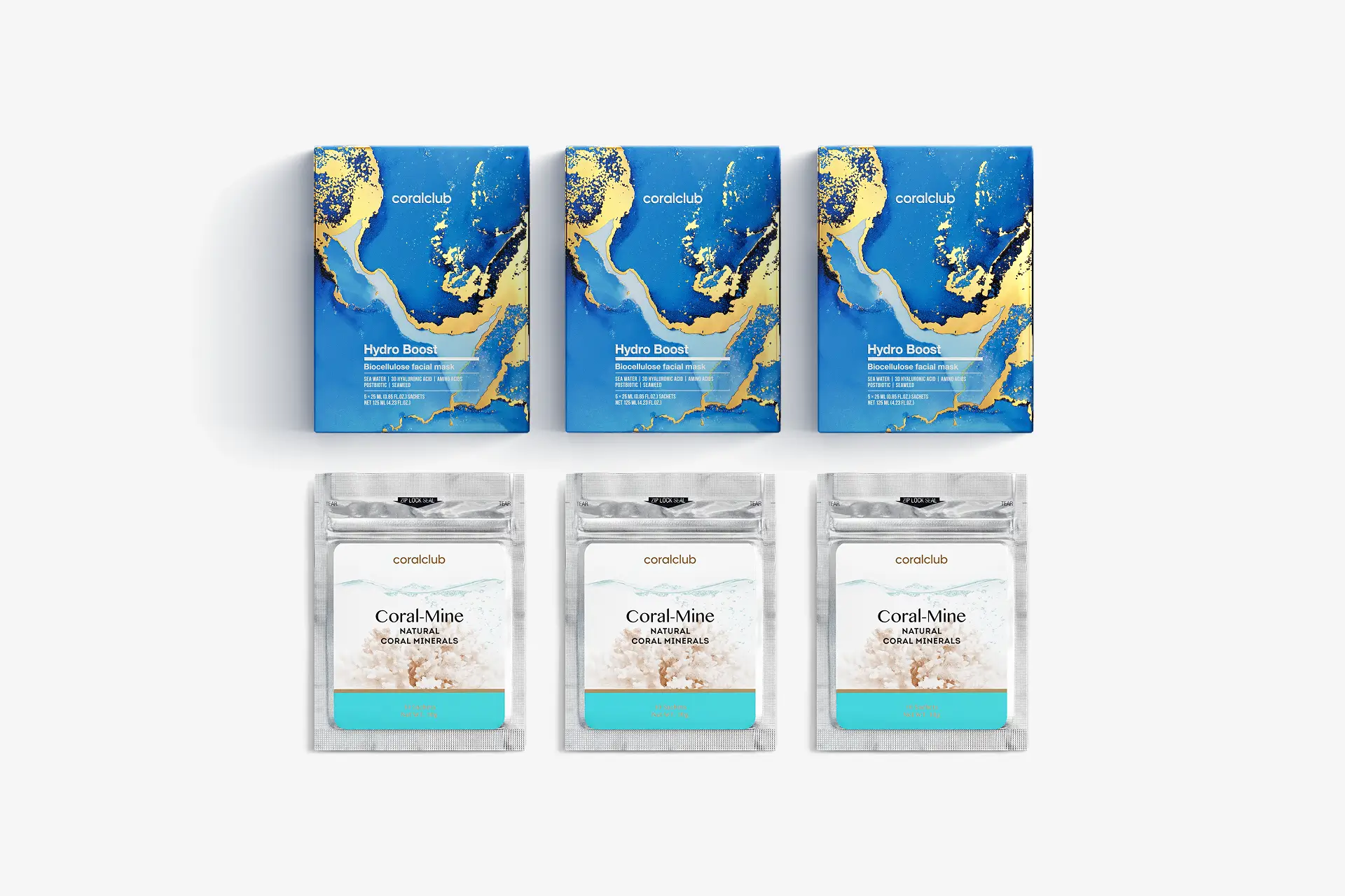 Hydro Boost biocelulózová pleťová maska, V balení 5 sáčků po 25 ml + Coral-Mine Koral-Mine, 3×10 sáčků